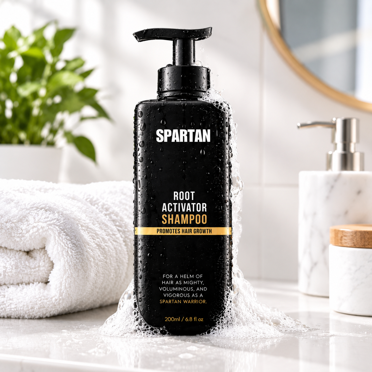 Spartan Root Activator Shampoo bottle with foam on a bright marble bathroom counter beside folded white towels