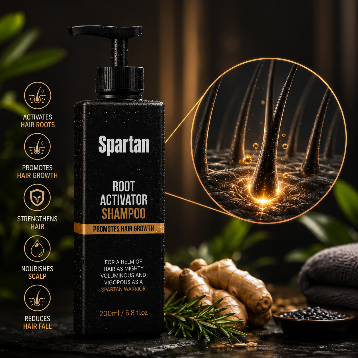 Spartan Root Activator Shampoo benefits: activates hair roots, promotes hair growth, strengthens hair, nourishes scalp and reduces hair fall, shown with ginger root and a magnified hair follicle