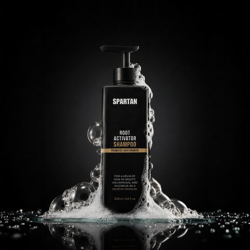 Spartan Root Activator Shampoo 200ml black pump bottle surrounded by rich lather on a dark reflective surface