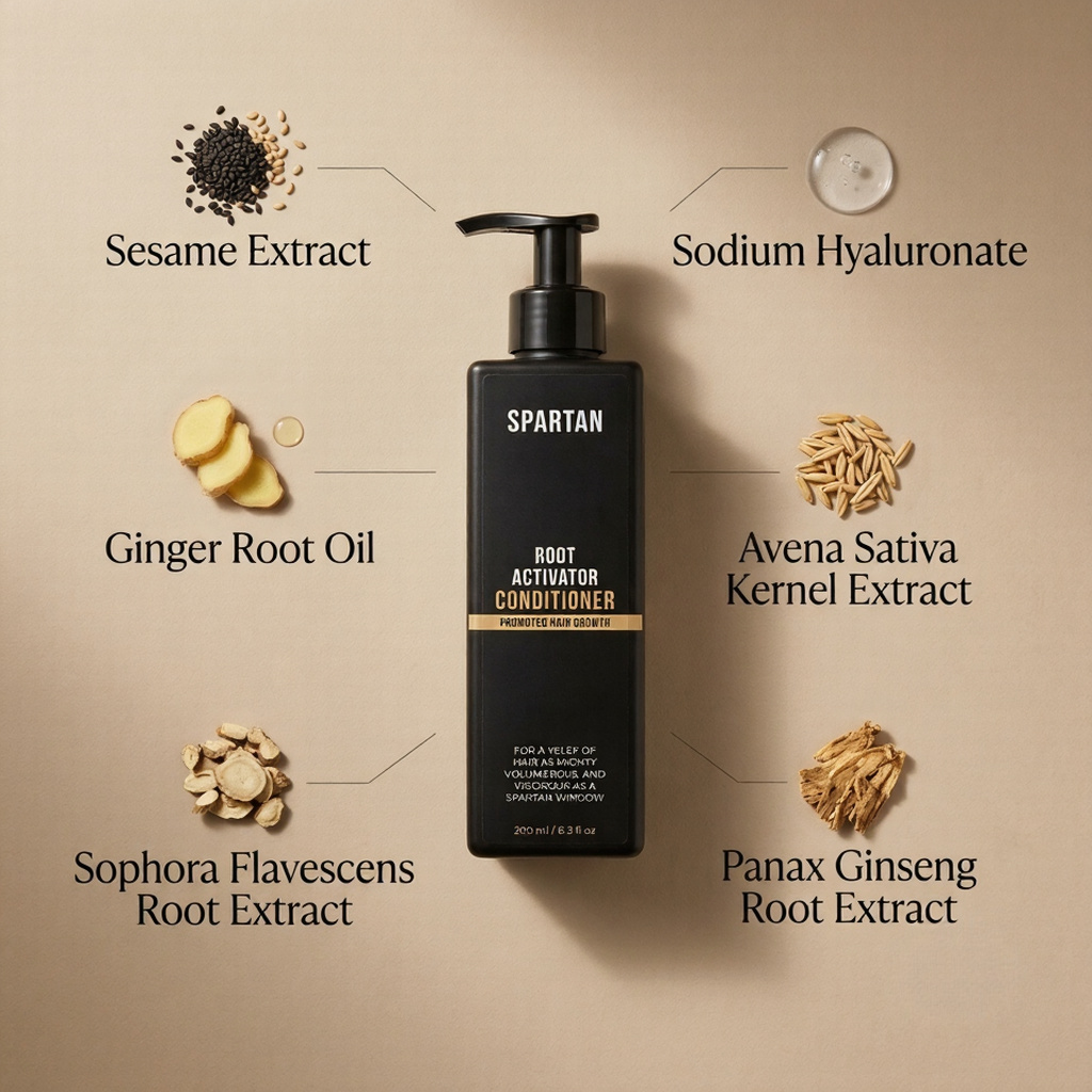 Spartan Root Activator bottle surrounded by its key ingredients: sesame extract, sodium hyaluronate, ginger root oil, avena sativa kernel extract, sophora flavescens root extract and panax ginseng root extract